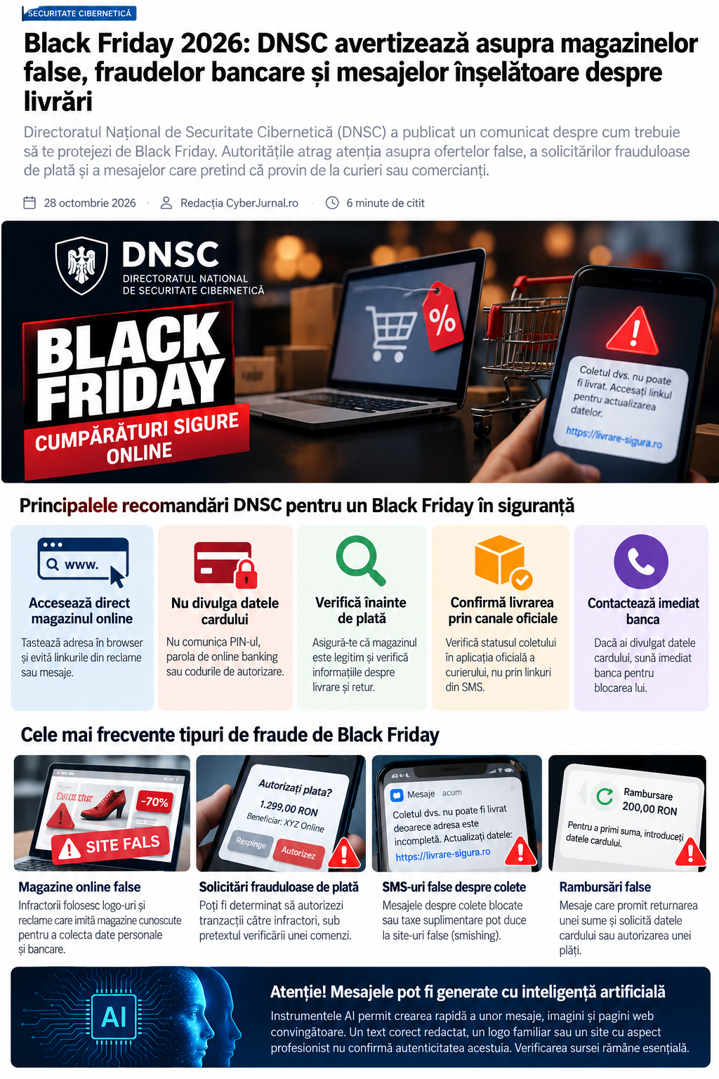 Infografic despre magazine false, plăți frauduloase, SMS-uri despre colete și rambursări false