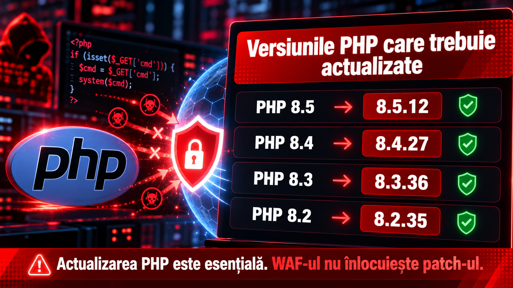 Infografic cu versiunile de PHP actualizate pentru vulnerabilitățile PHP2Shell