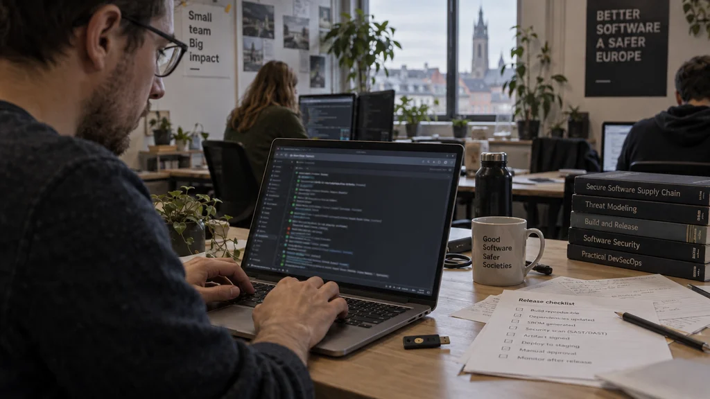 Birou real de dezvoltare software, cu un inginer verificând jurnalele de publicare a pachetelor