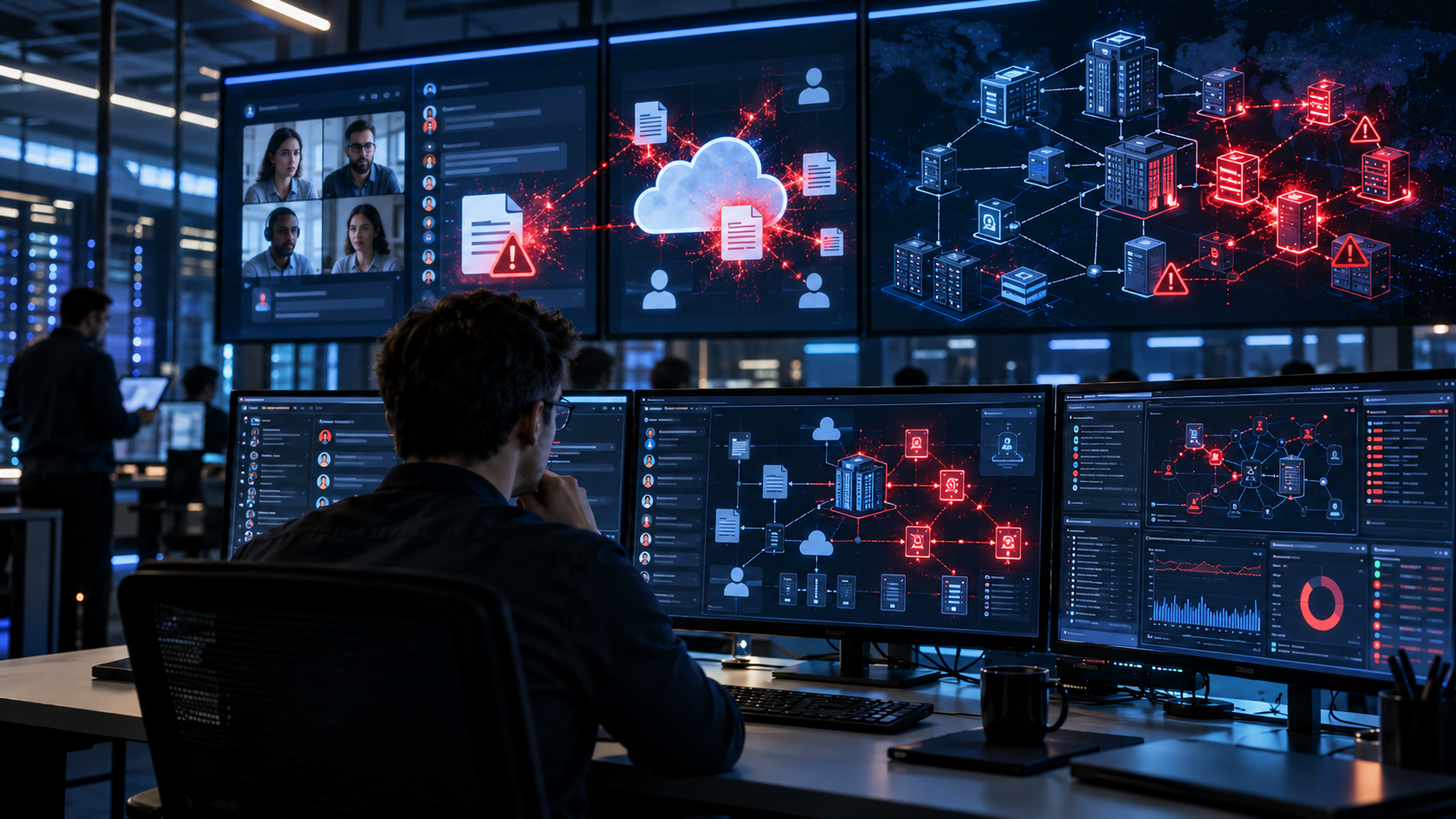Centru de operațiuni de securitate monitorizând atacuri asupra infrastructurii cloud și de rețea
