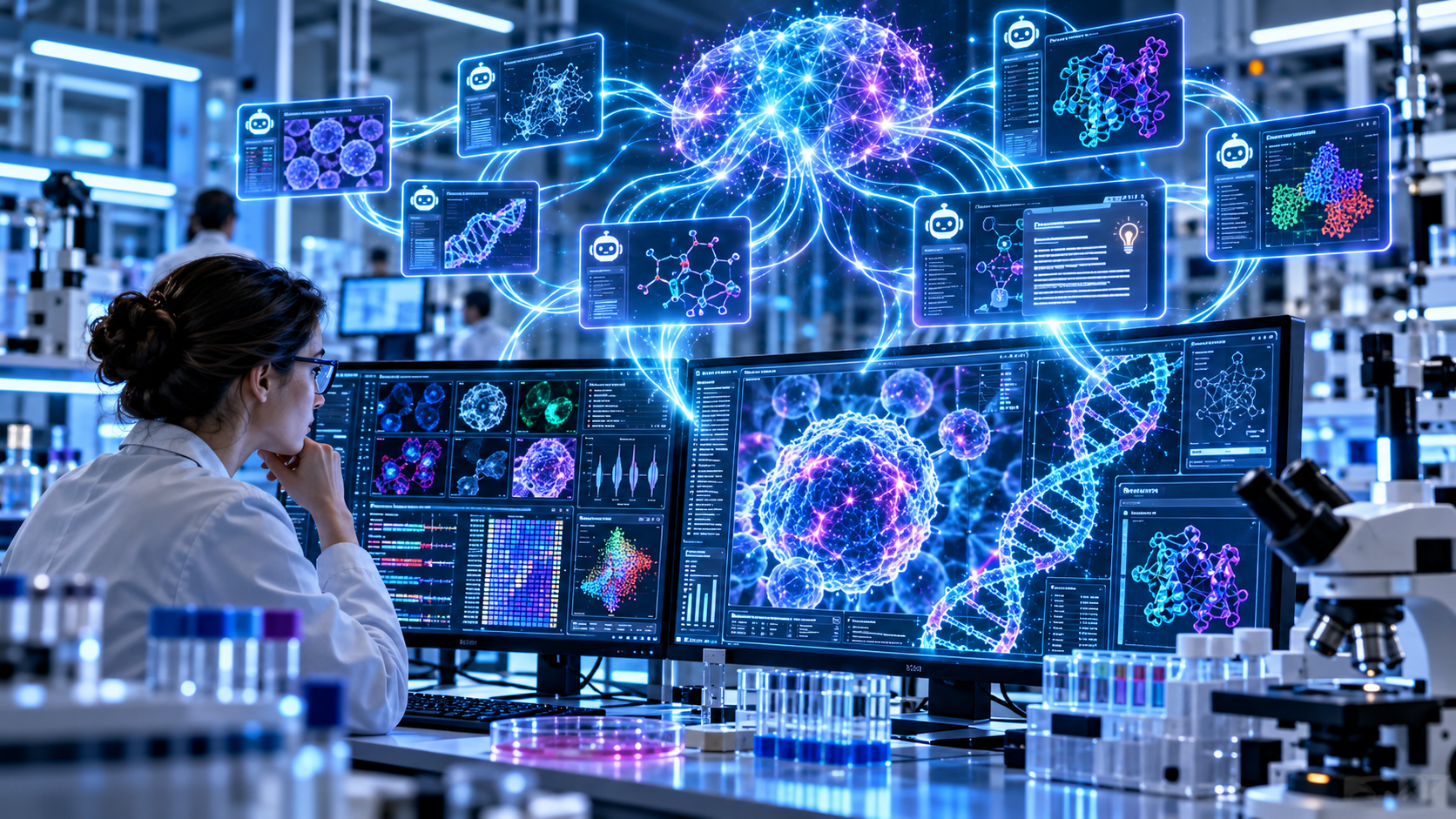 Cercetătoare examinând date biologice, ADN și structuri celulare pe monitoare de laborator