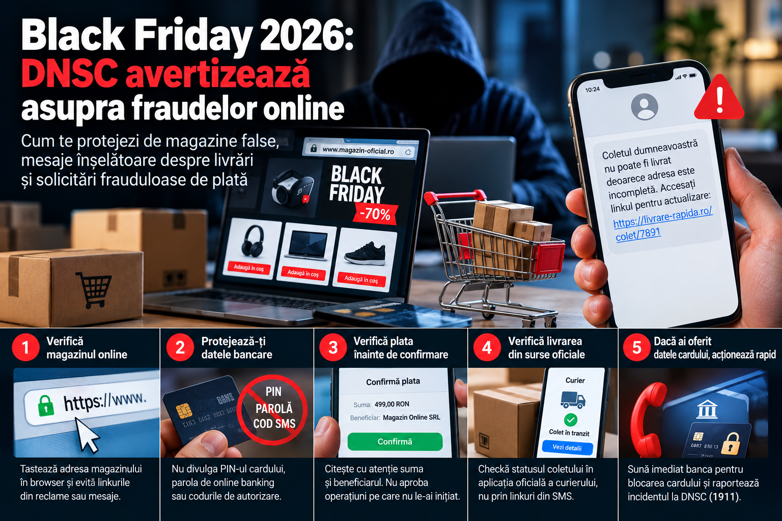 Black Friday 2026: DNSC avertizează asupra magazinelor false, fraudelor bancare și mesajelor despre livrări