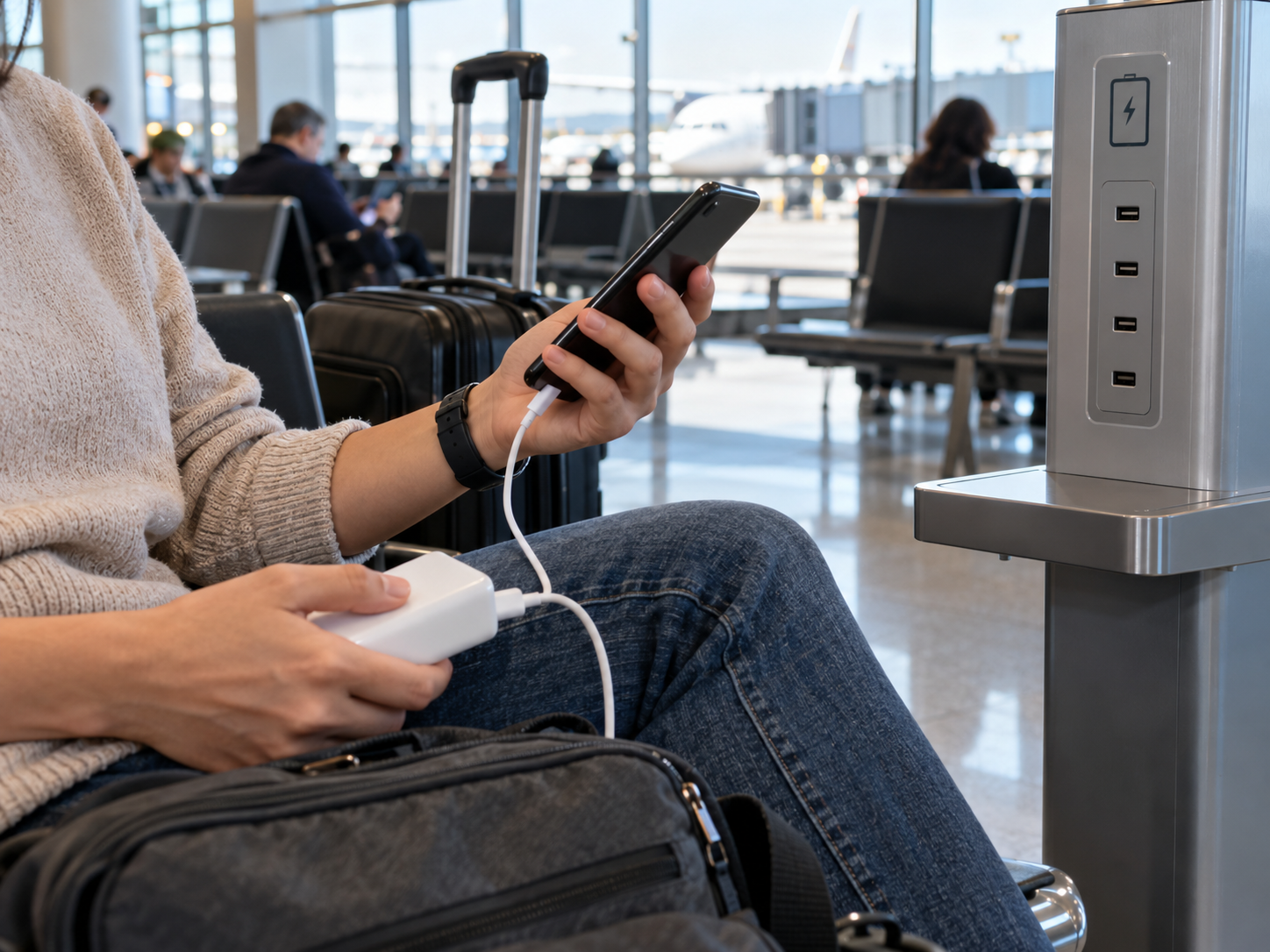 Telefon alimentat de la bateria externă proprie, lângă stație USB publică în aeroport