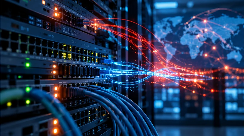 Echipamente de rețea, firewall și trafic VPN monitorizat într-un centru de date