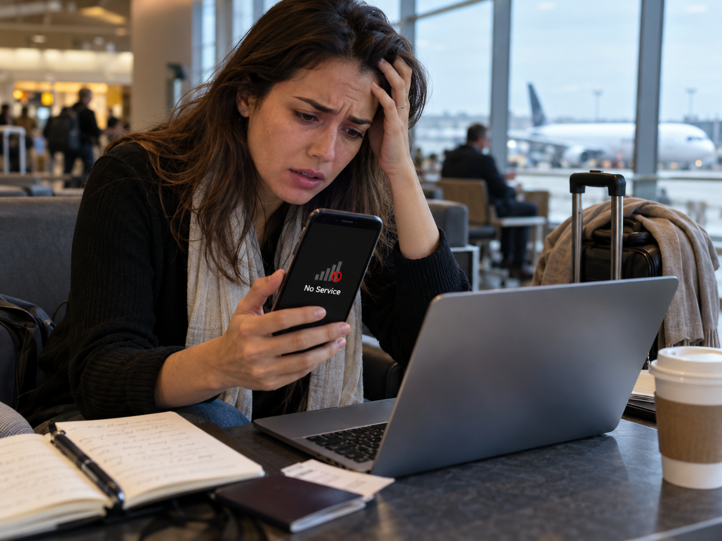 Turistă în aeroport cu telefon fără semnal, scenariu posibil în cazul unui SIM swap