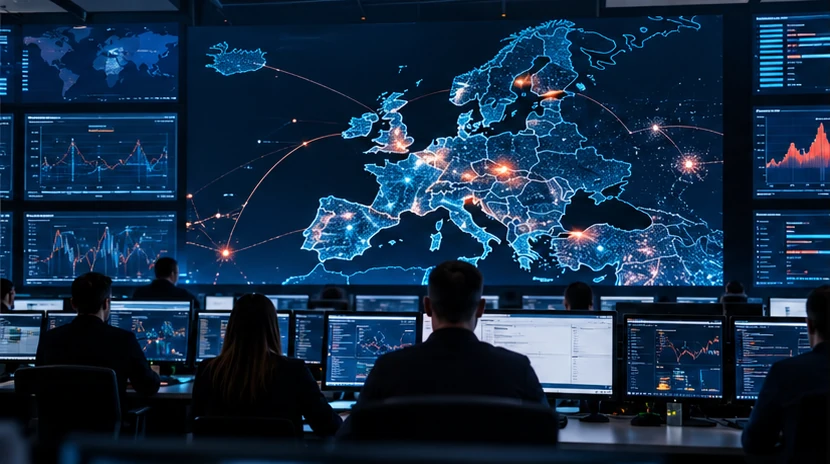 Hartă digitală a Europei analizată dintr-un centru de operațiuni de securitate