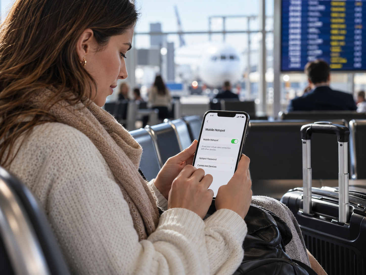 Călătoare în aeroport folosind hotspotul mobil personal