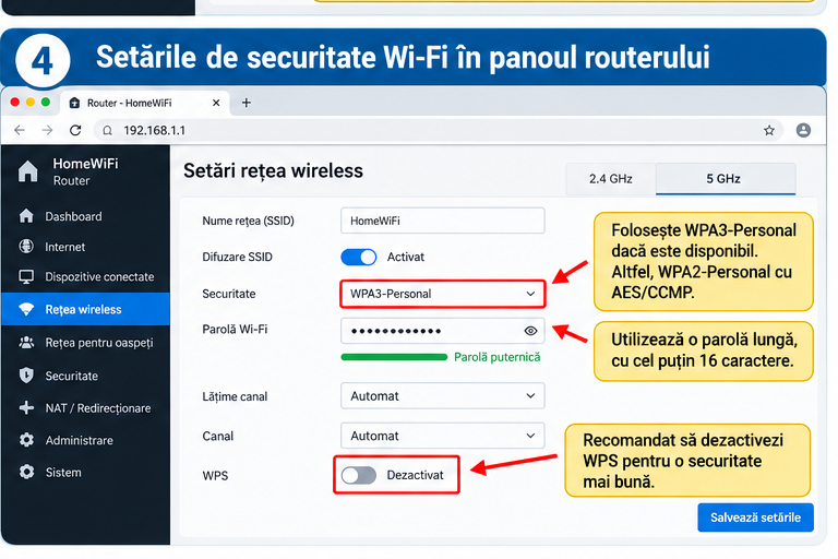 Setări Wi-Fi recomandate într-un router: WPA3 Personal, parolă puternică și WPS dezactivat
