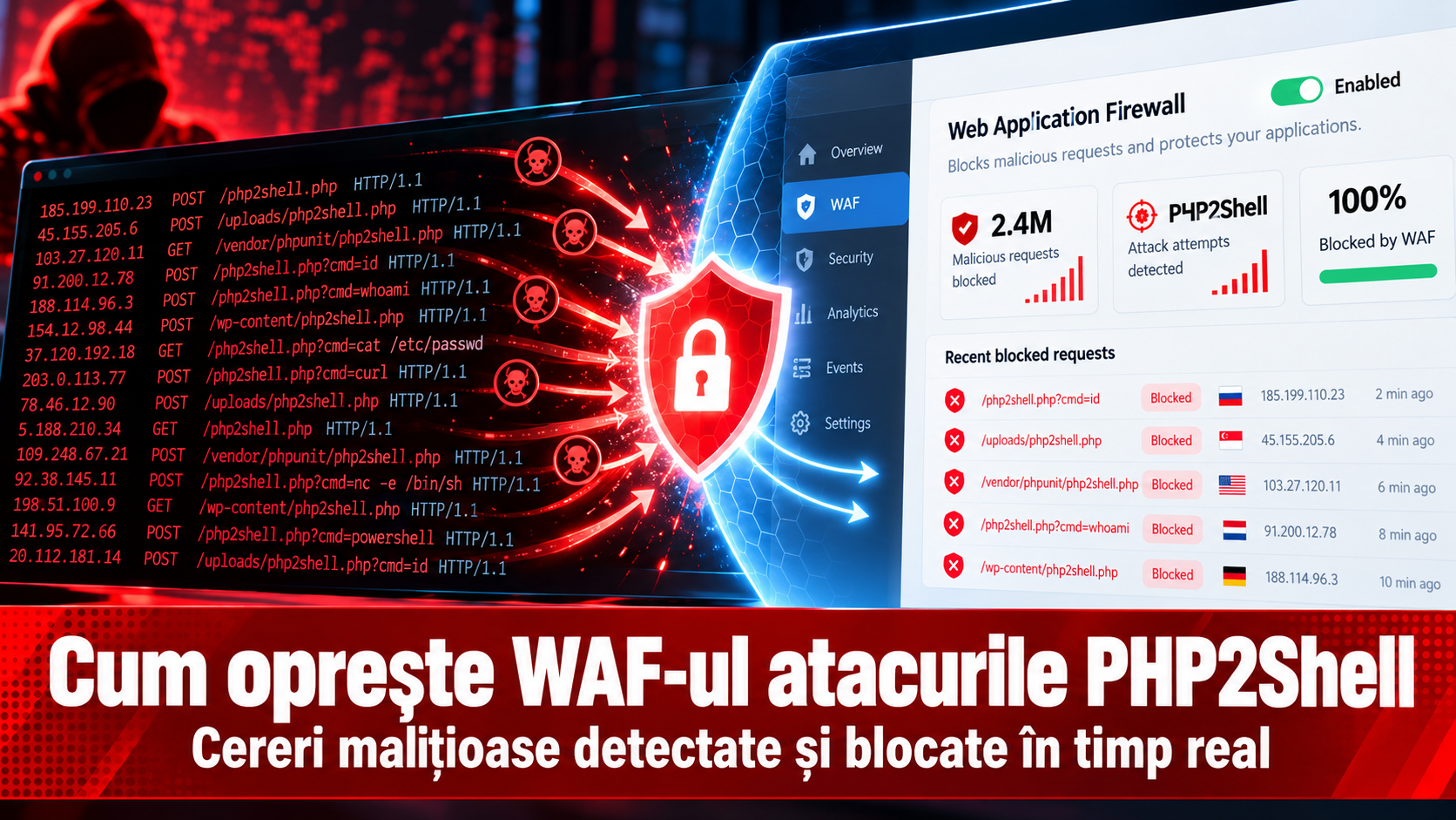 Ilustrație conceptuală a unui firewall WAF care blochează traficul malițios PHP2Shell