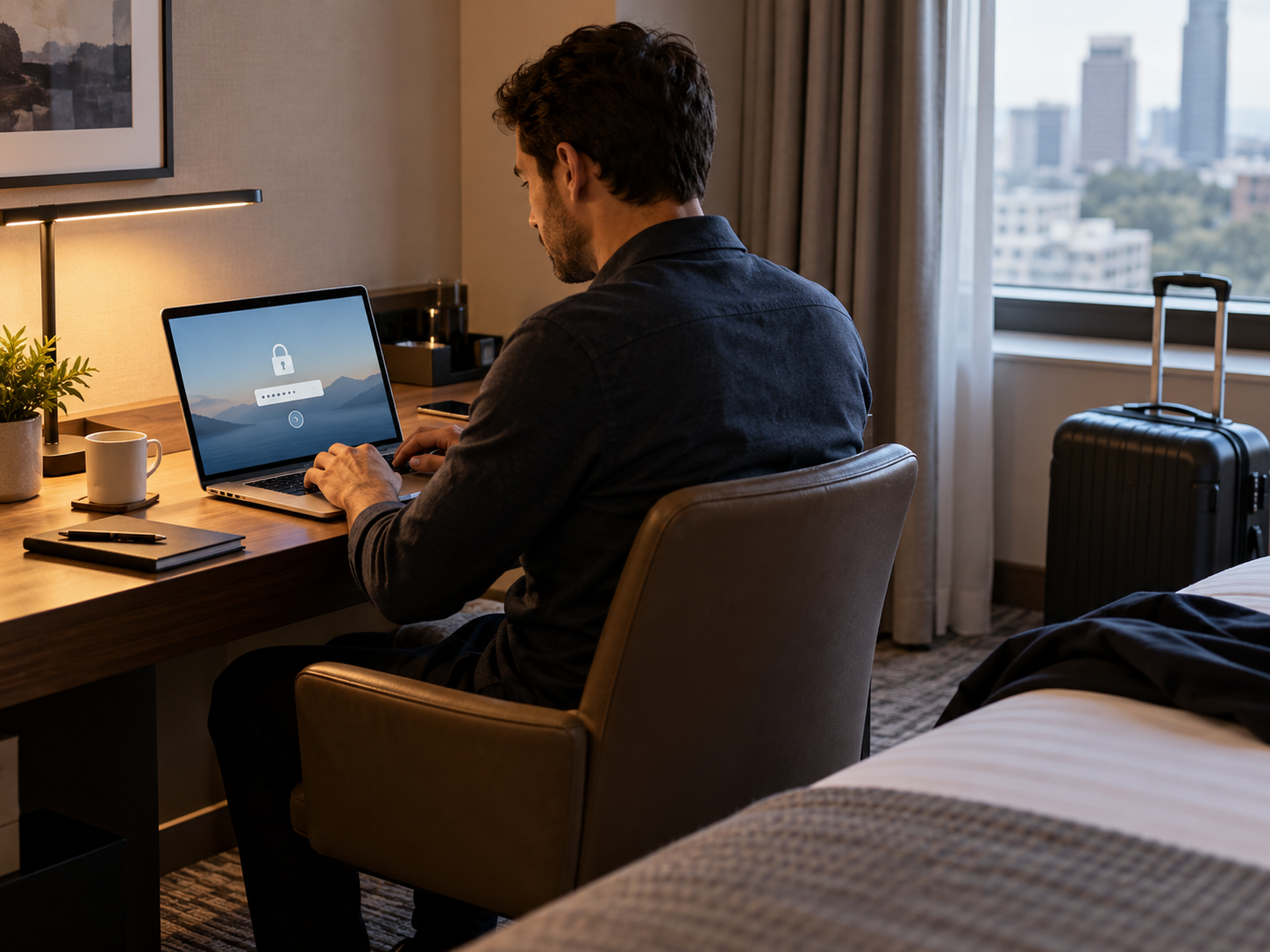 Călător de afaceri lucrând la un laptop protejat într-o cameră de hotel