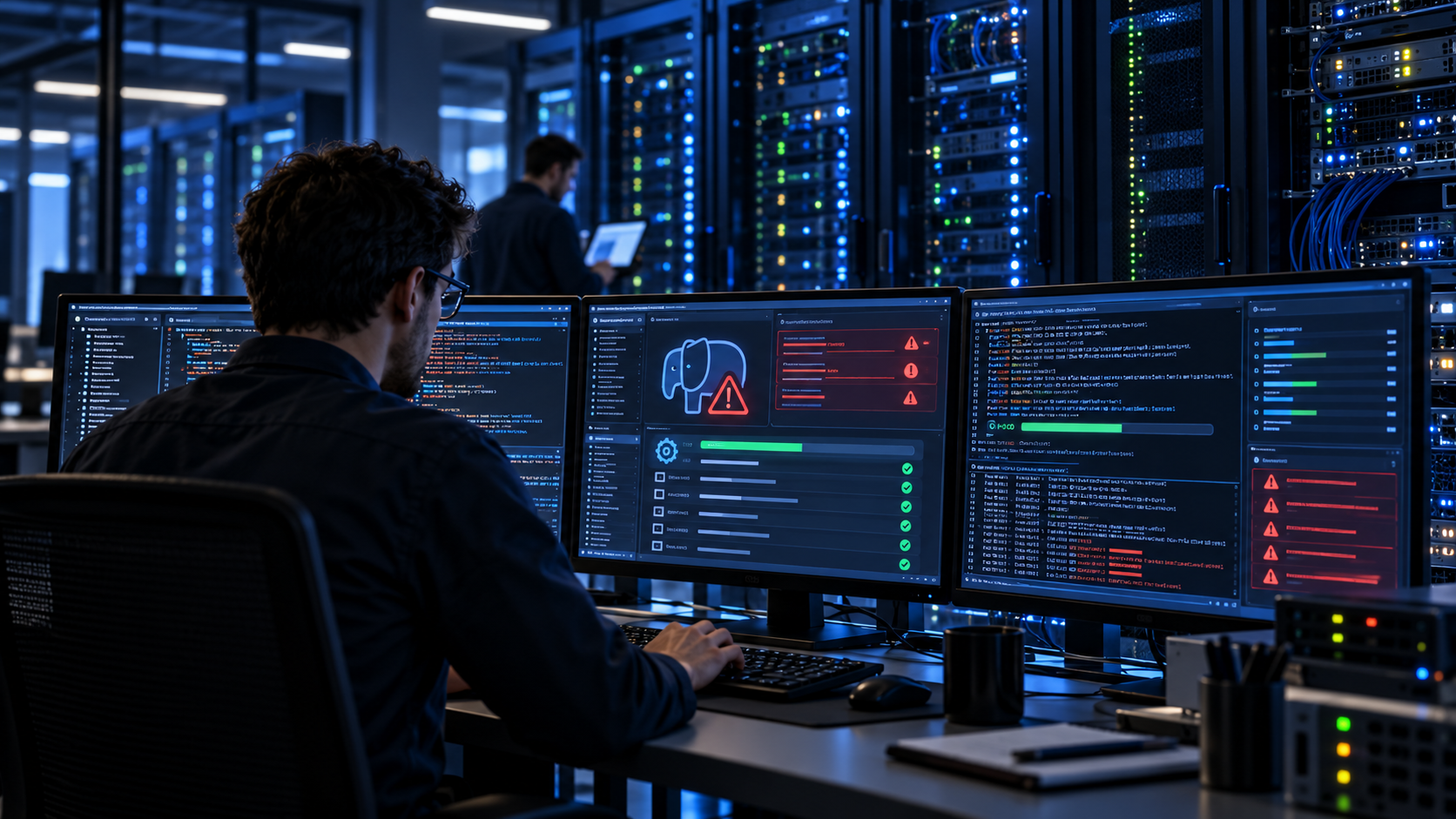 Administrator IT verificând servere și actualizări PHP într-un centru de date