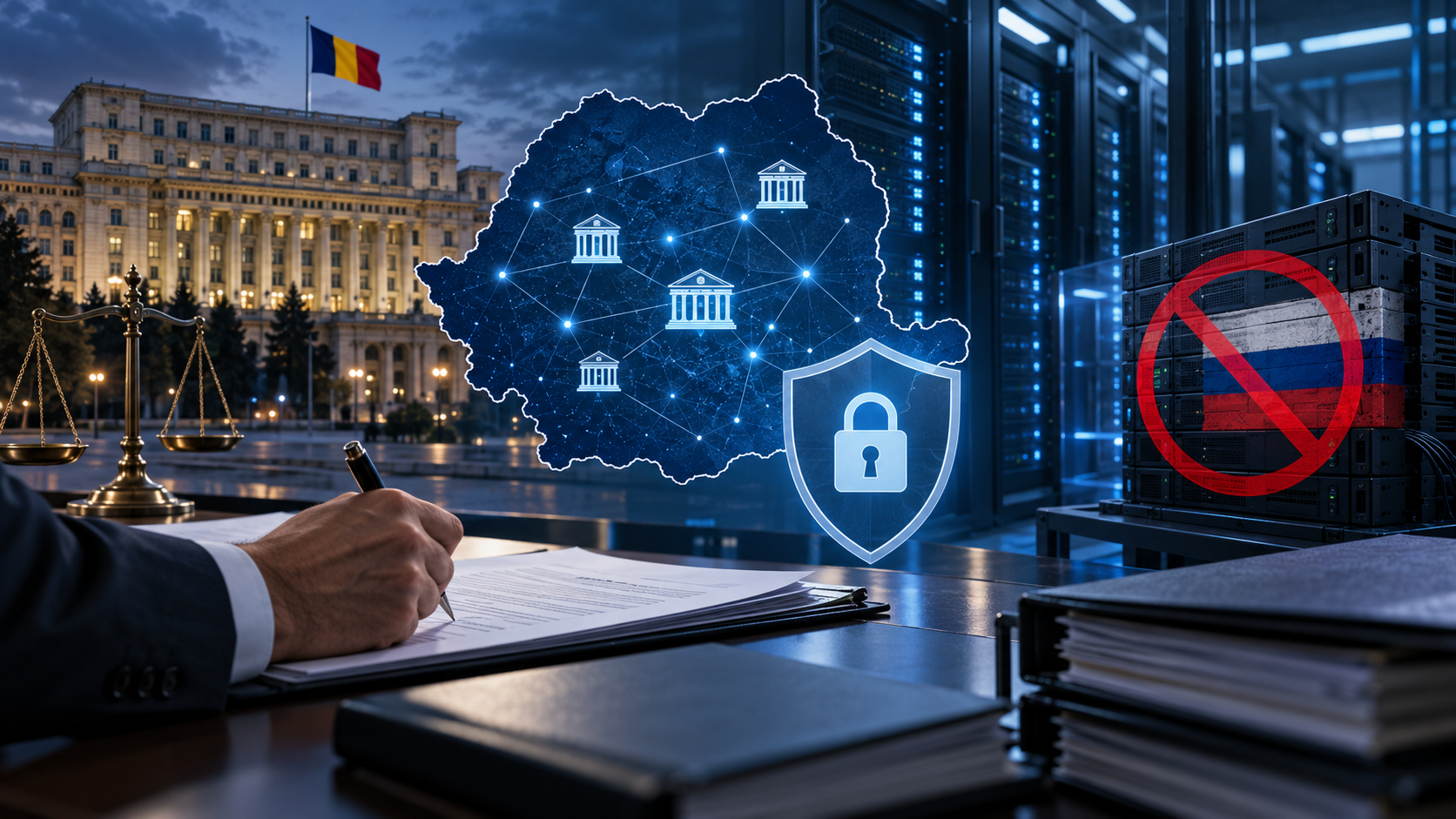 Ilustrație editorială: România: Senatul susține prelungirea restricțiilor pentru anumite produse software rusești