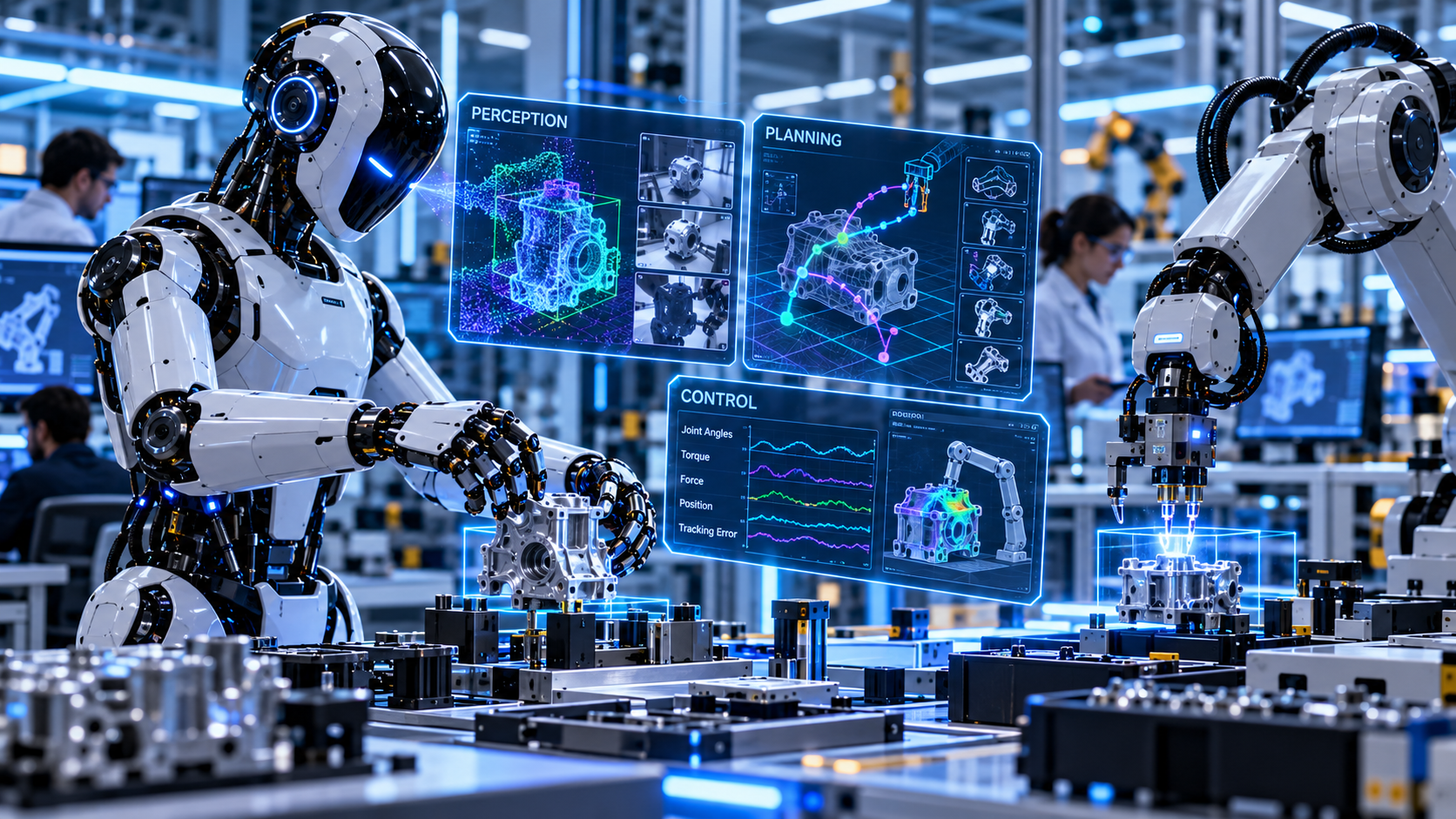 Robot humanoid și braț robotic într-un laborator automatizat, cu interfețe de control vizual