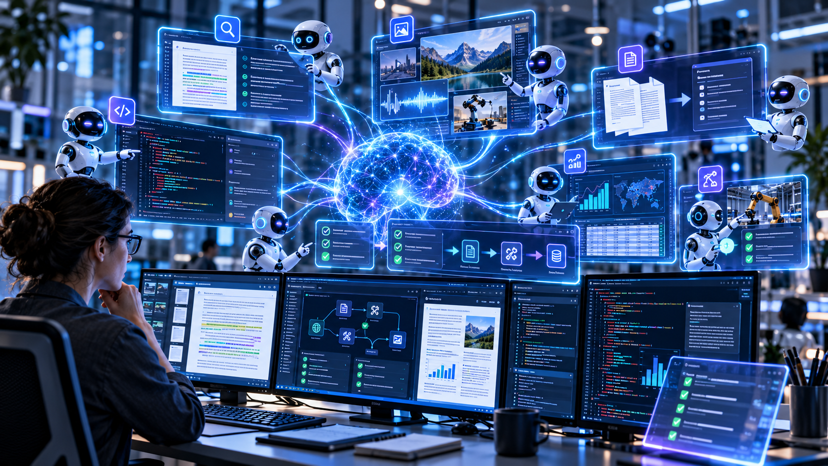 Ilustrație conceptuală a agenților AI care folosesc instrumente digitale într-un centru de comandă