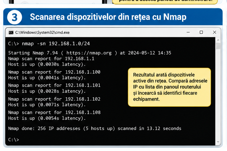 Fereastră de terminal cu scanare Nmap pentru descoperirea dispozitivelor din rețeaua locală