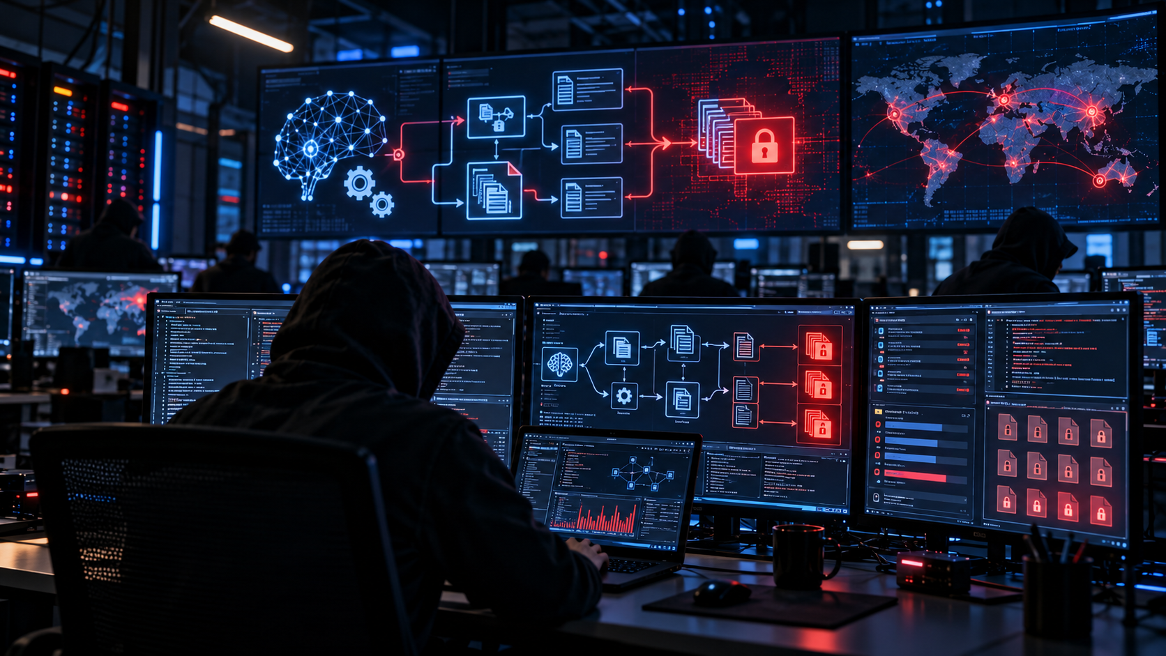 Operațiune ransomware asistată de inteligență artificială, ilustrată prin monitoare și fluxuri automatizate
