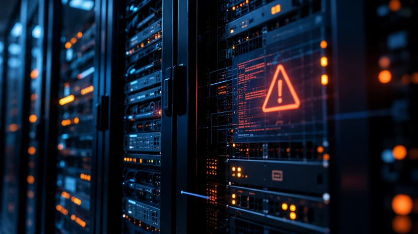 Rackuri de servere și alertă de securitate — ilustrație editorială pentru vulnerabilitățile PHP2Shell