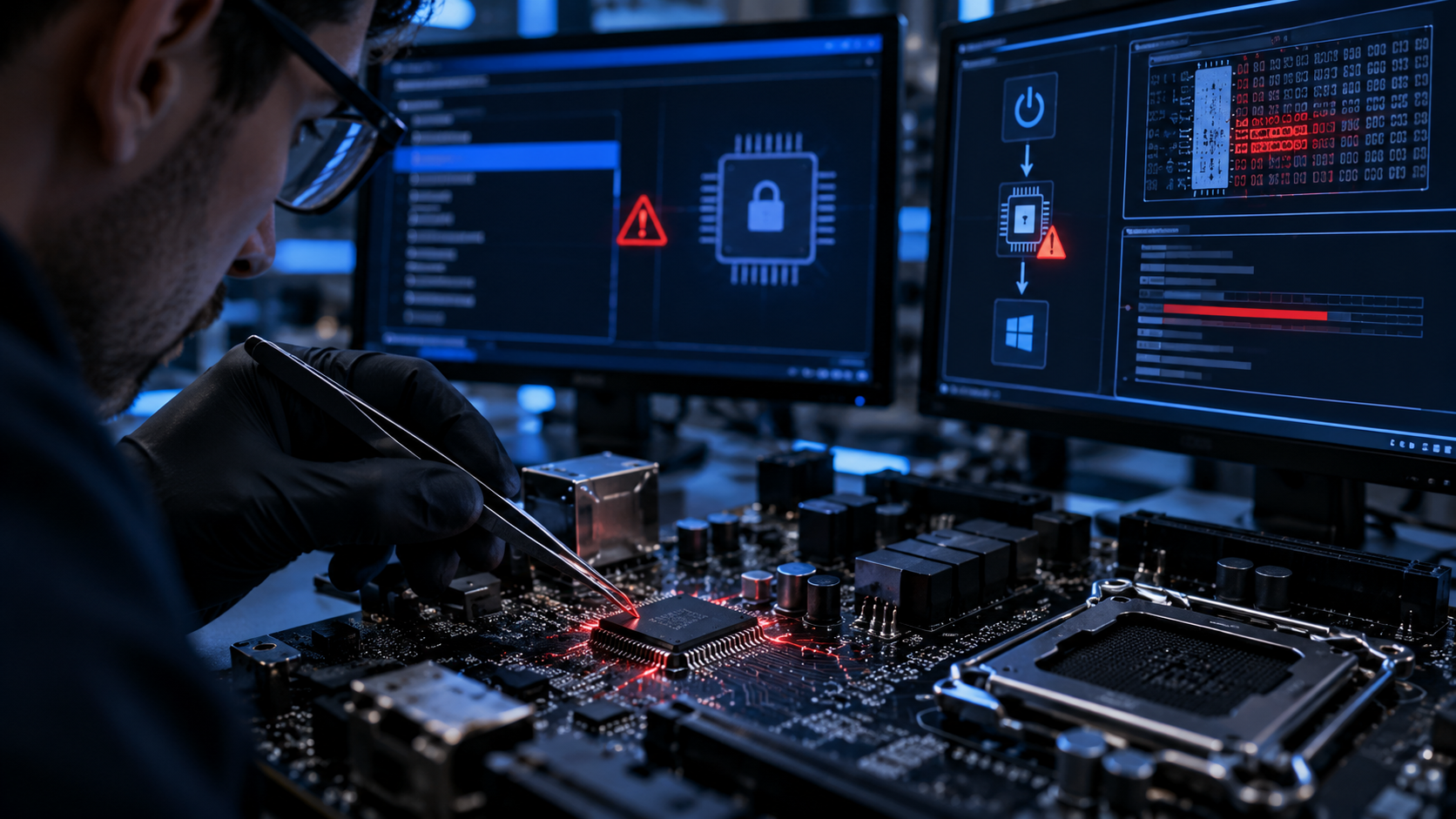 Analist examinând un cip firmware UEFI pe o placă de bază