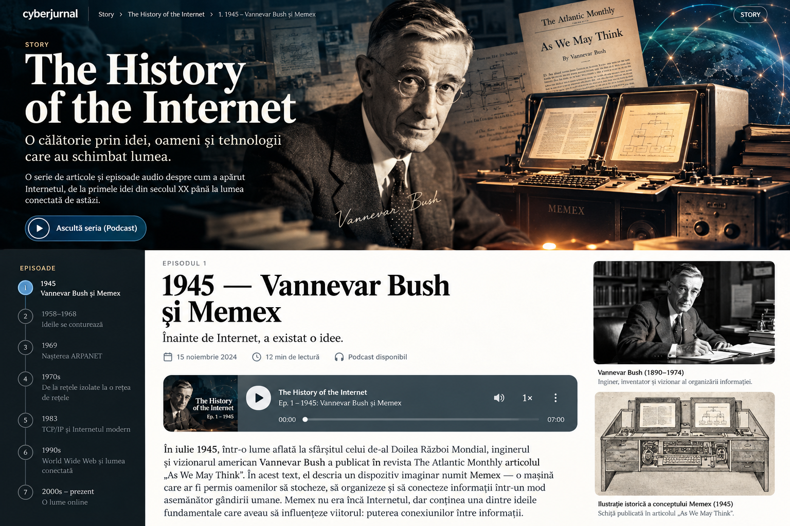 Ilustrație editorială digitală despre Vannevar Bush, Memex și istoria Internetului