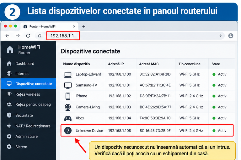 Lista dispozitivelor active dintr-un router, cu un dispozitiv necunoscut evidențiat